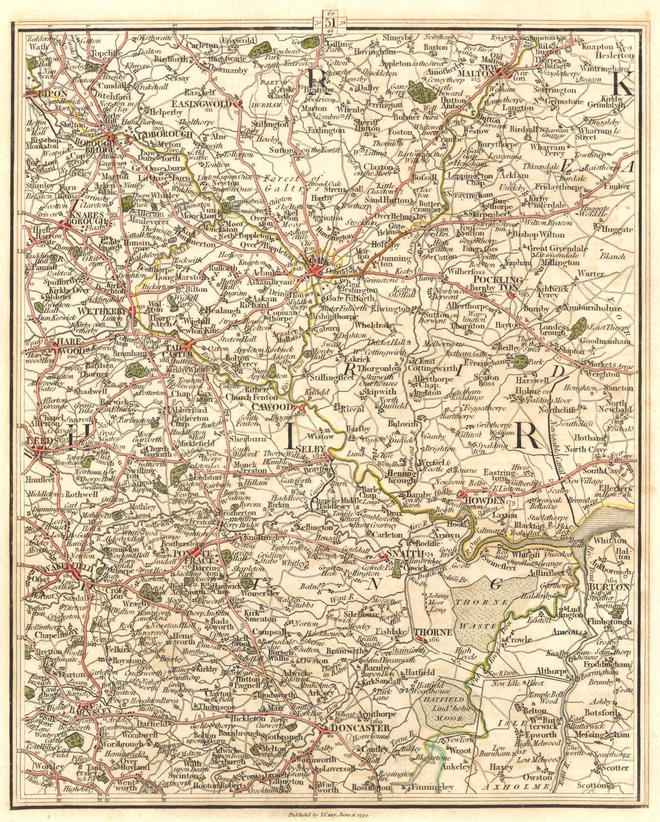 YORKSHIRE. Leeds York Harrogate Barnsley Doncaster Pontefract. CARY 1794 map